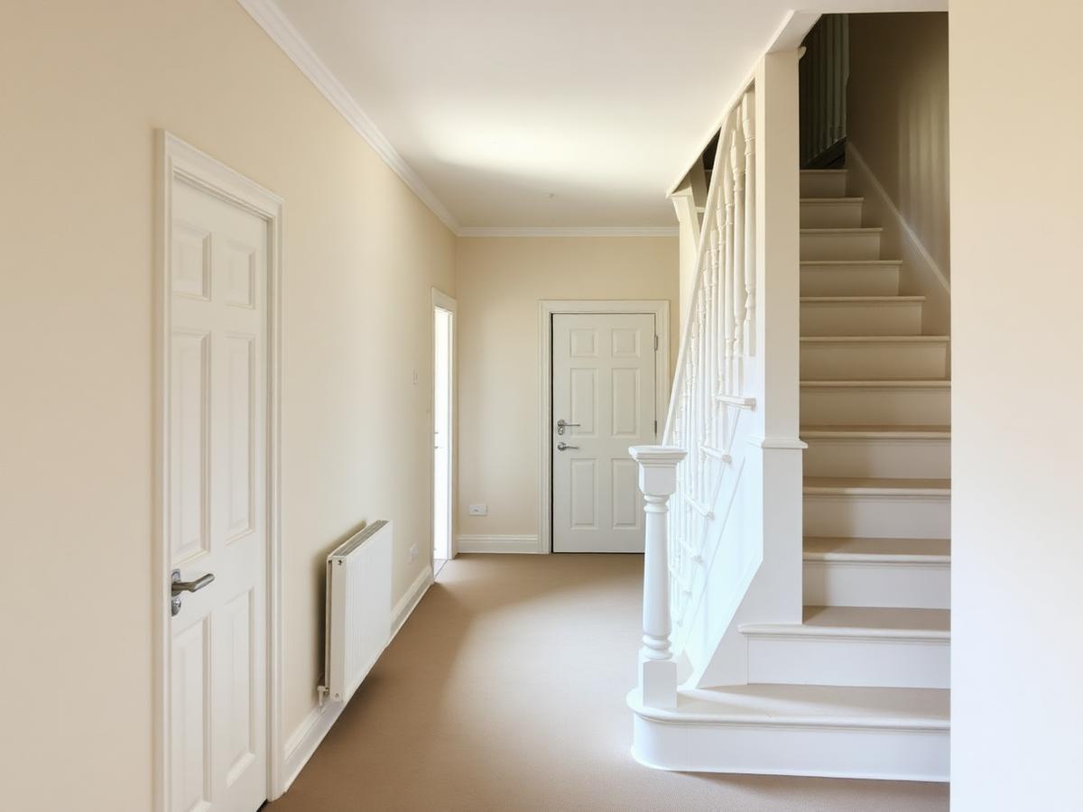 Repainted hallway and stairwell with clean neutral walls and crisp white woodwork