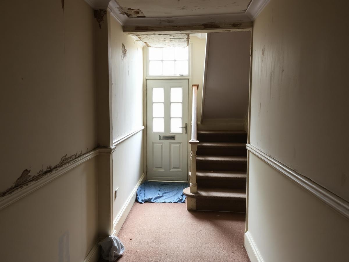 Hallway and stairwell with mould speckling and flaking paint before treatment