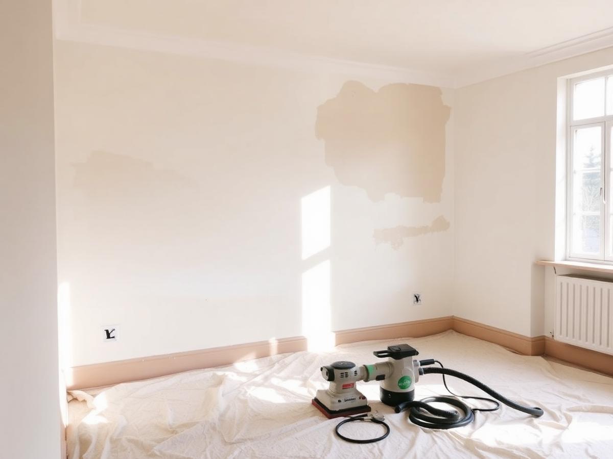 Filled and sanded walls with stain-blocking primer patches, dust sheets and an extraction sander