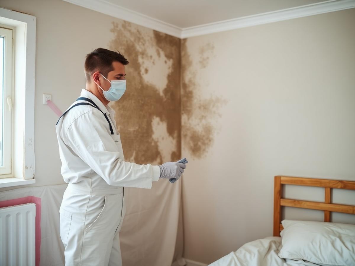 Decorator in overalls and mask applying fungicidal wash to a mould-stained wall