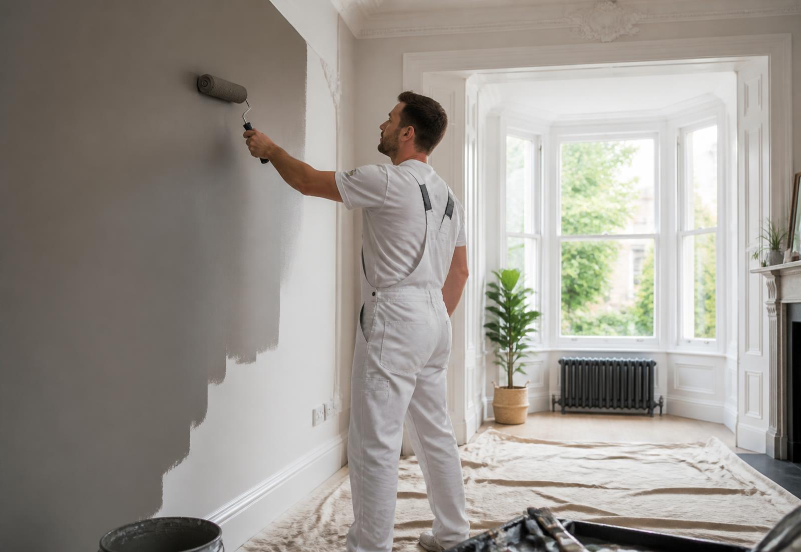 Decorator preparing and painting an interior wall