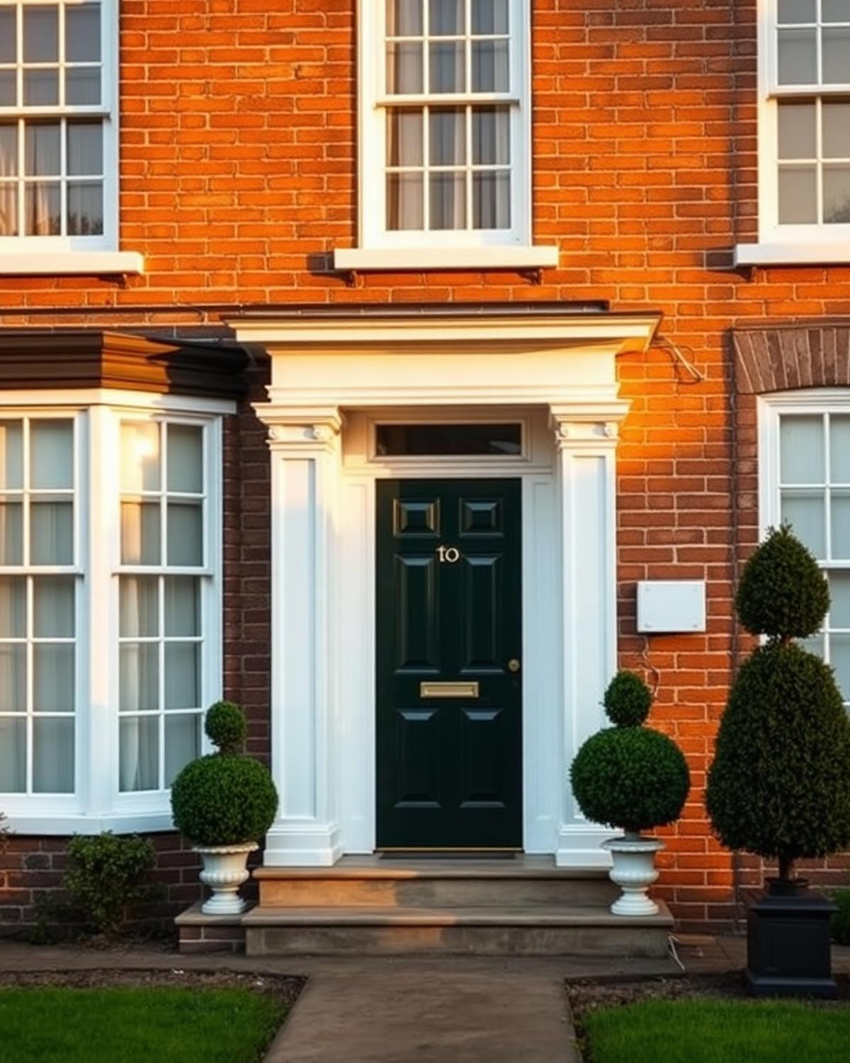 Victorian brick house with white sash windows and dark green front door