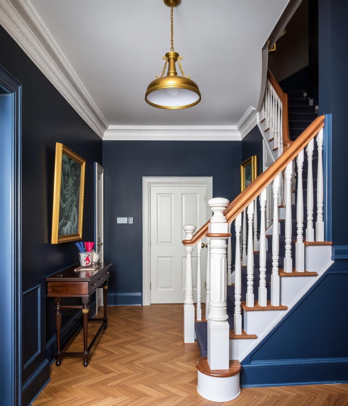 Hallway with inky blue walls and hand-painted white spindles