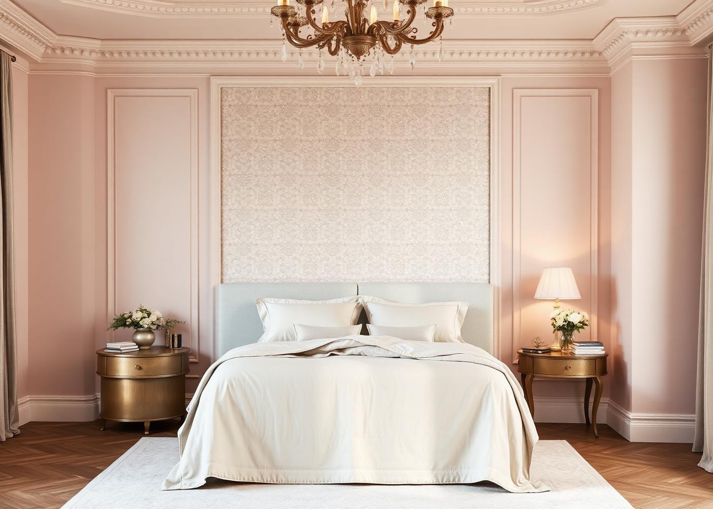 Bedroom with plaster-pink walls and a patterned wallpaper panel