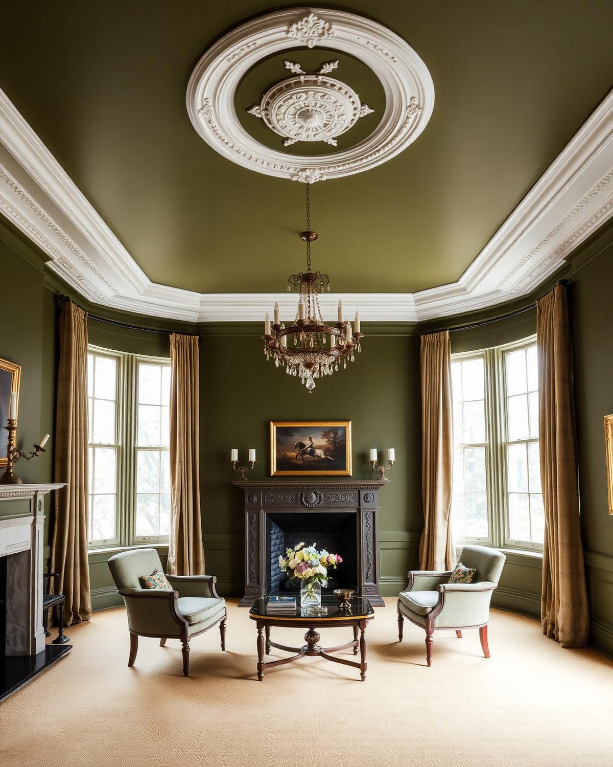 Georgian drawing room painted in muted olive