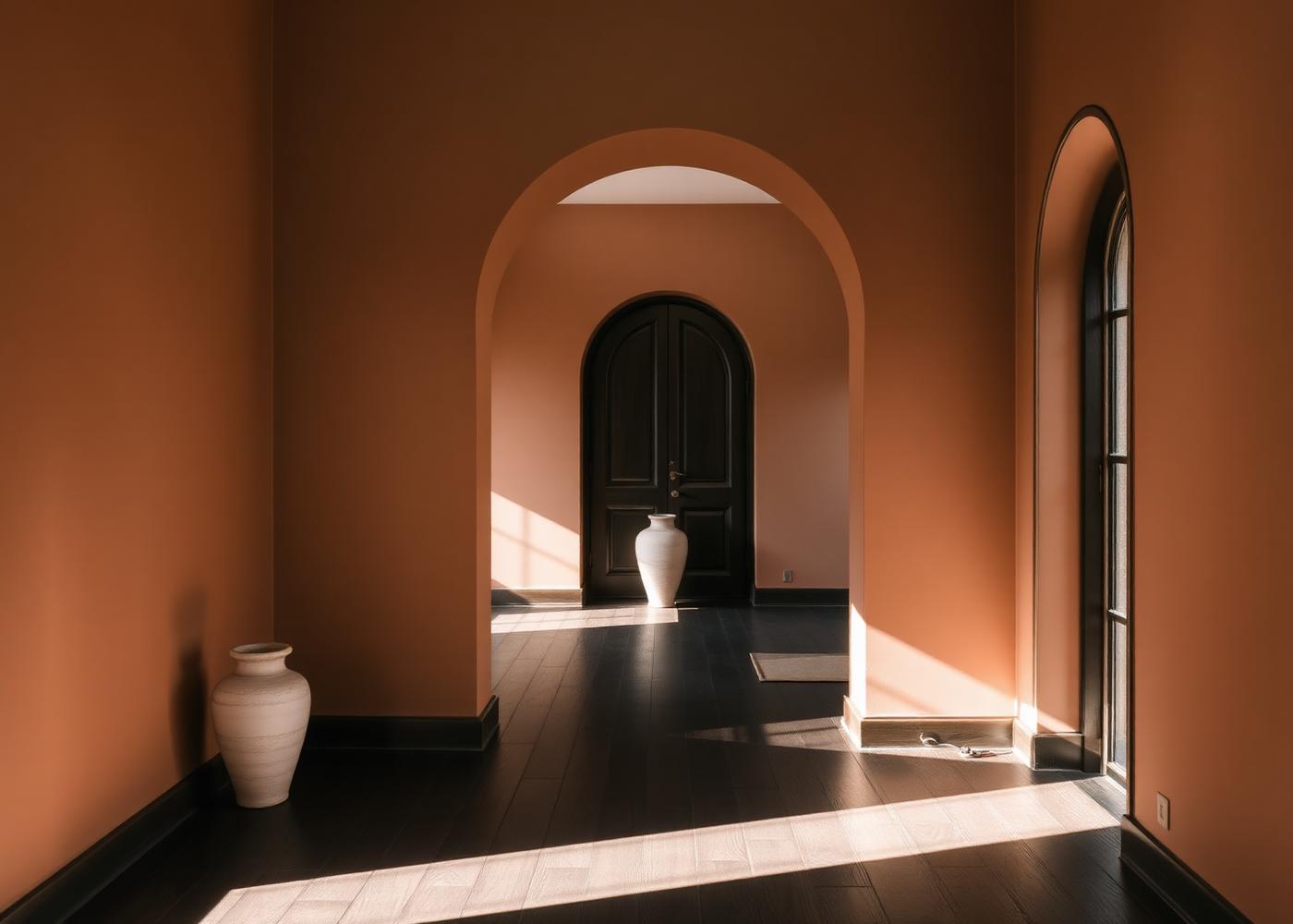 Minimal hallway with warm clay-coloured walls and an arched doorway