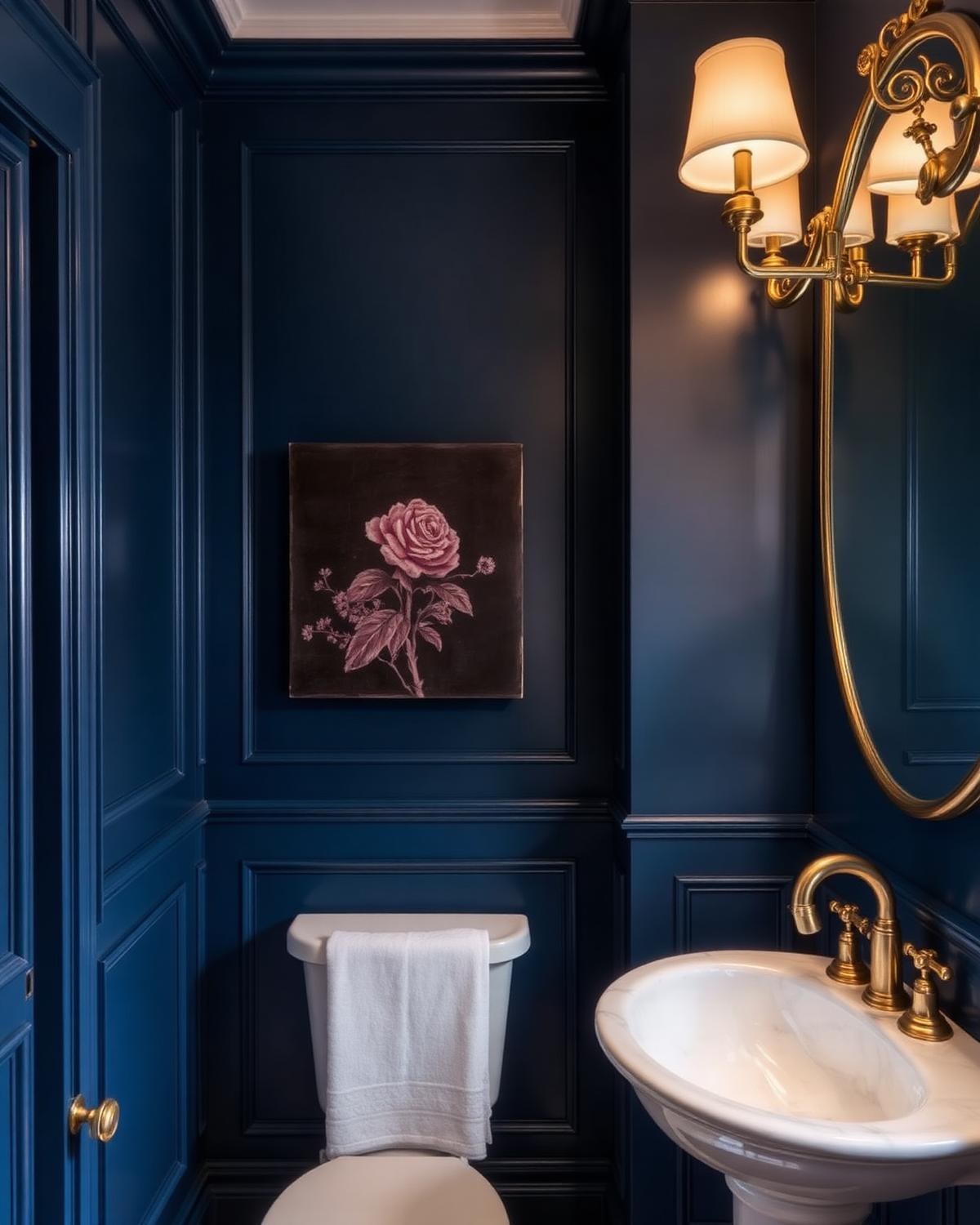 Panelled bathroom painted deep inky blue with brass fittings