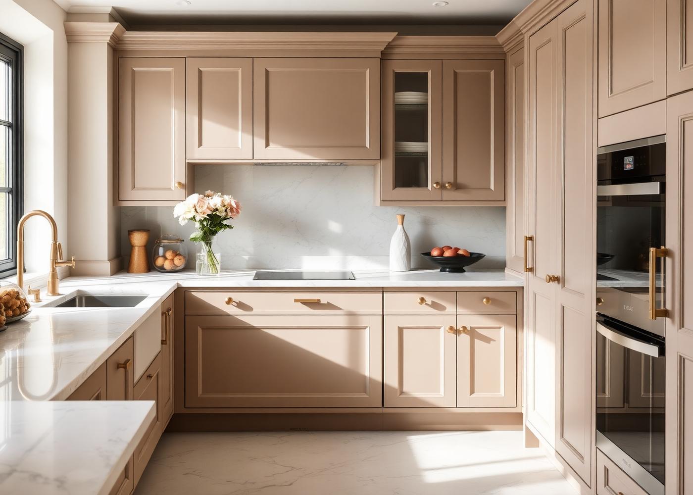 Shaker kitchen hand-painted in a soft mushroom taupe with brass handles
