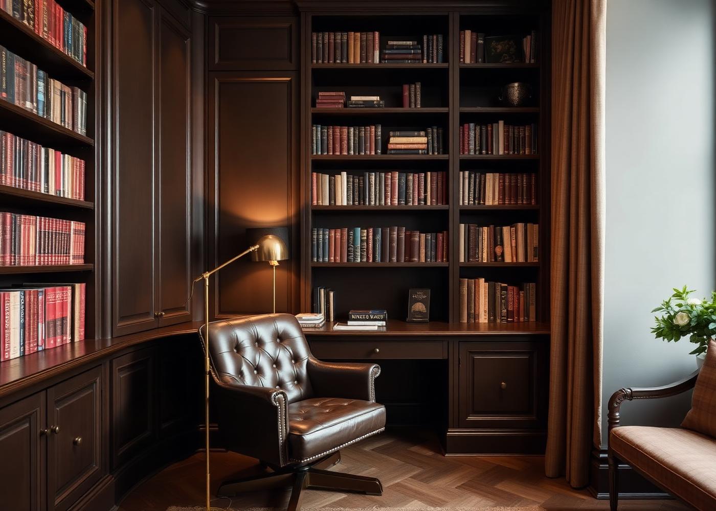 Home study with fitted bookshelves painted a deep bronze brown