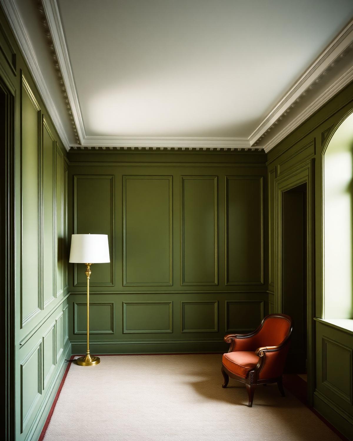Formal reception room with olive walls and hand-painted panelling