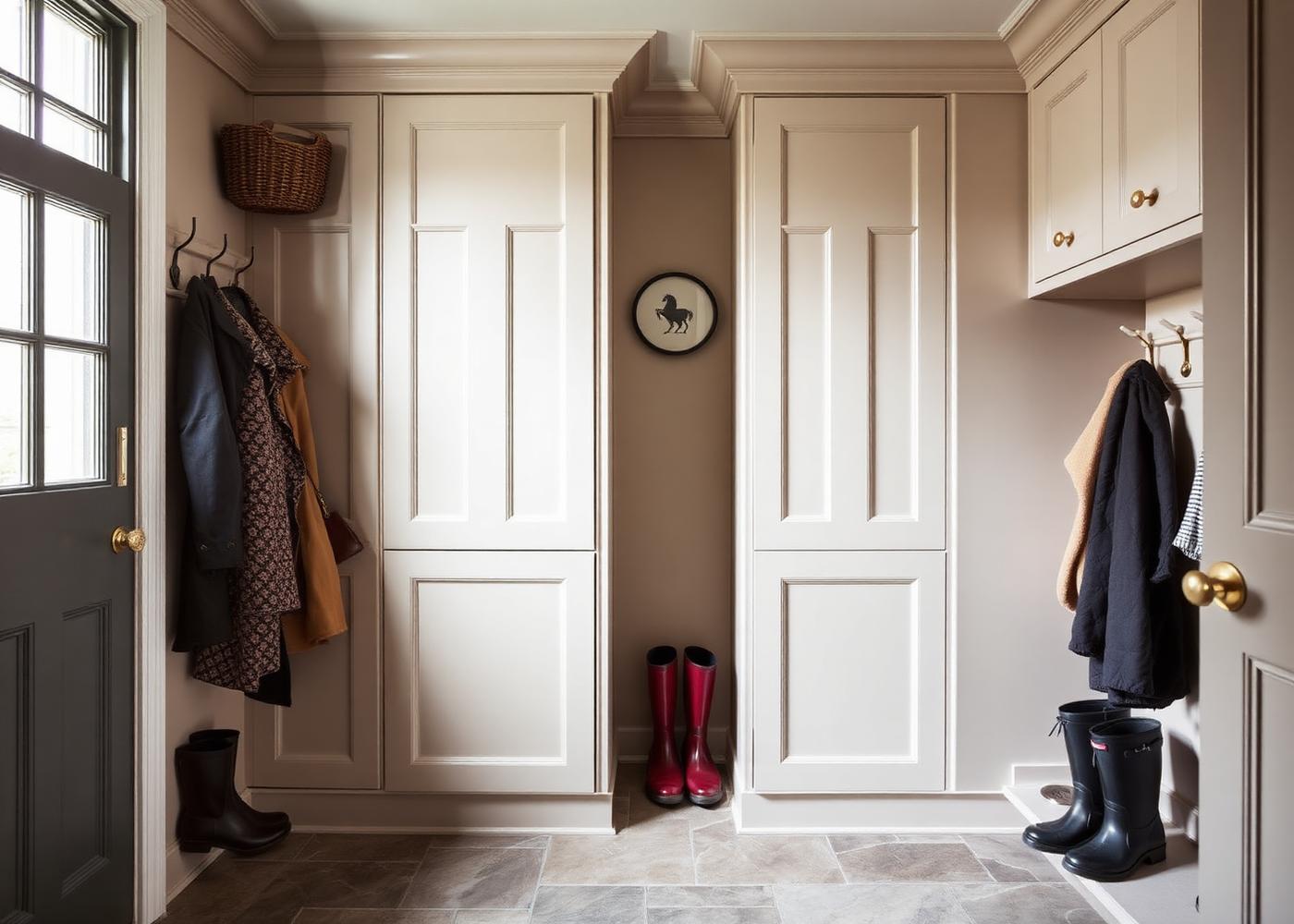 Utility room with painted cabinetry in a pale taupe