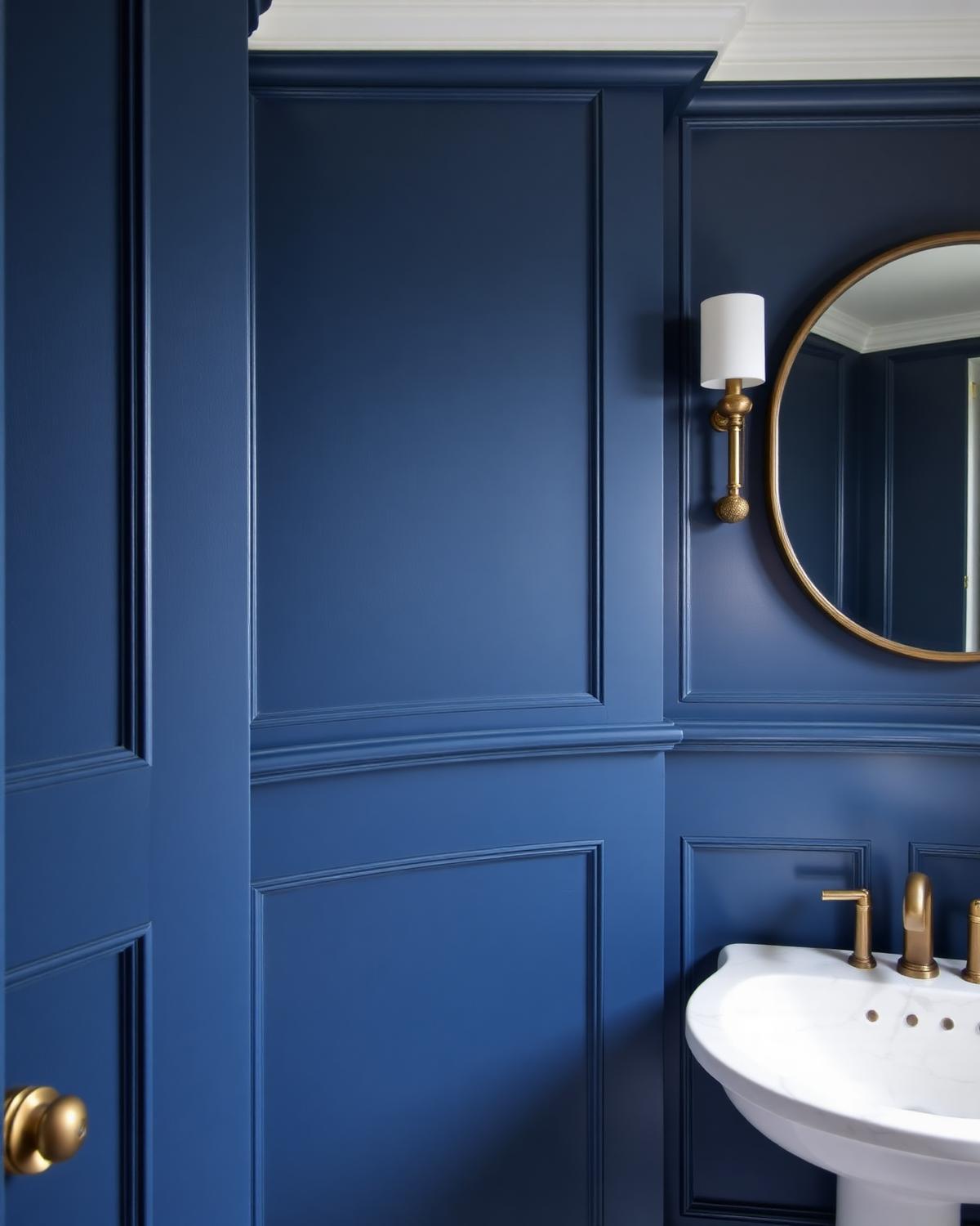 En-suite with deep blue panelled walls and brass tap