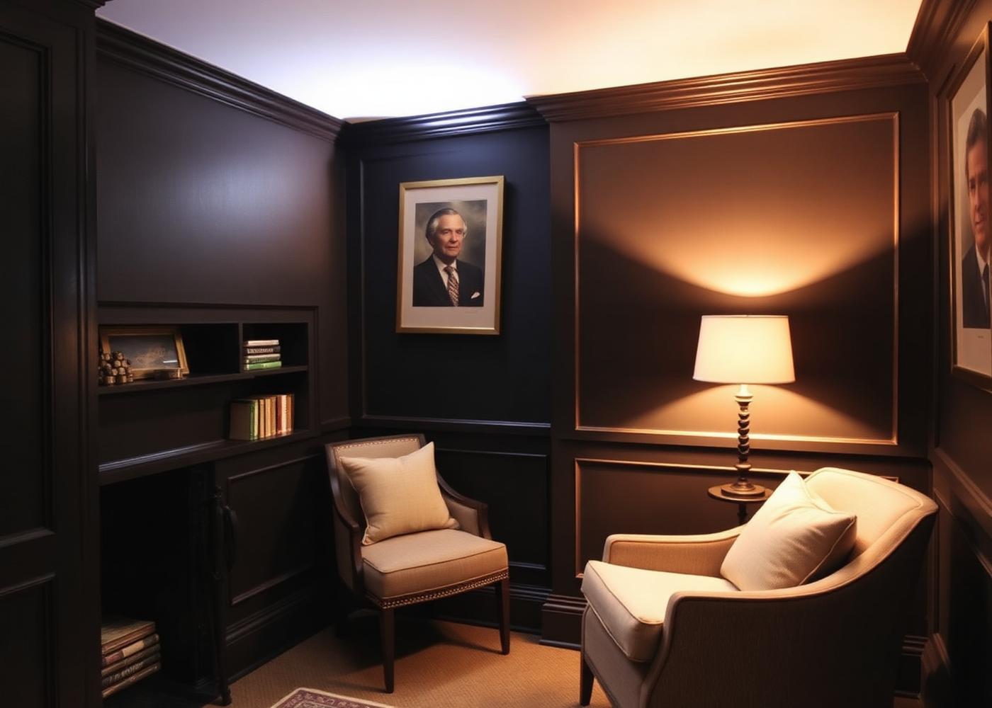 Snug with dark painted alcoves and warm lamp light