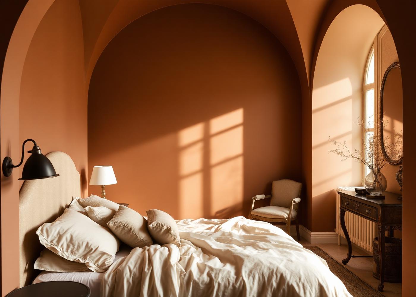 Bedroom painted in a warm bronze-beige with linen bedding