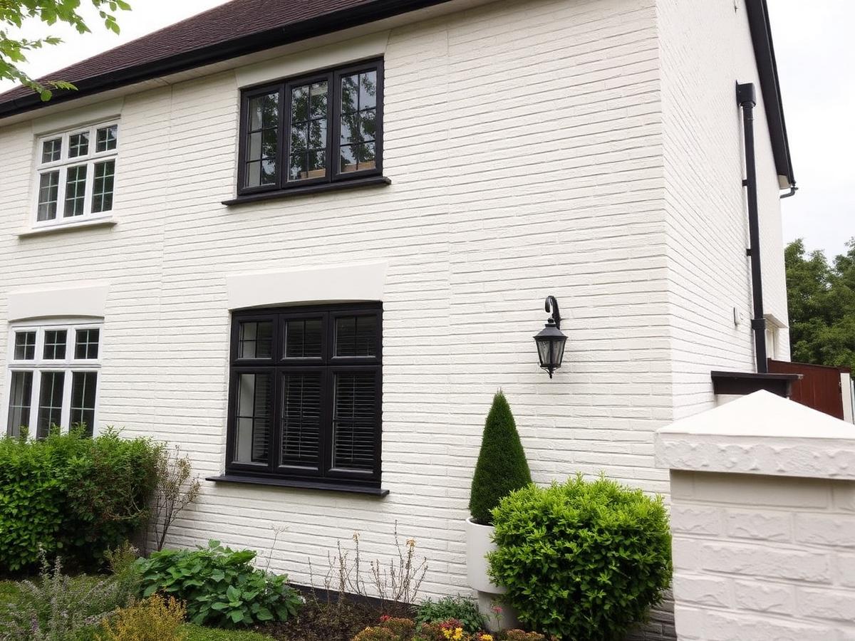 Rendered semi-detached house repainted in a warm off-white