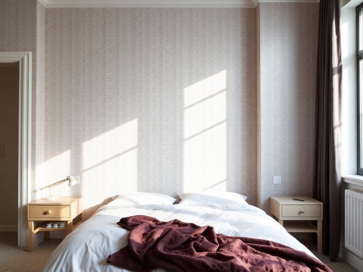 Bedroom with textured wallpaper feature wall