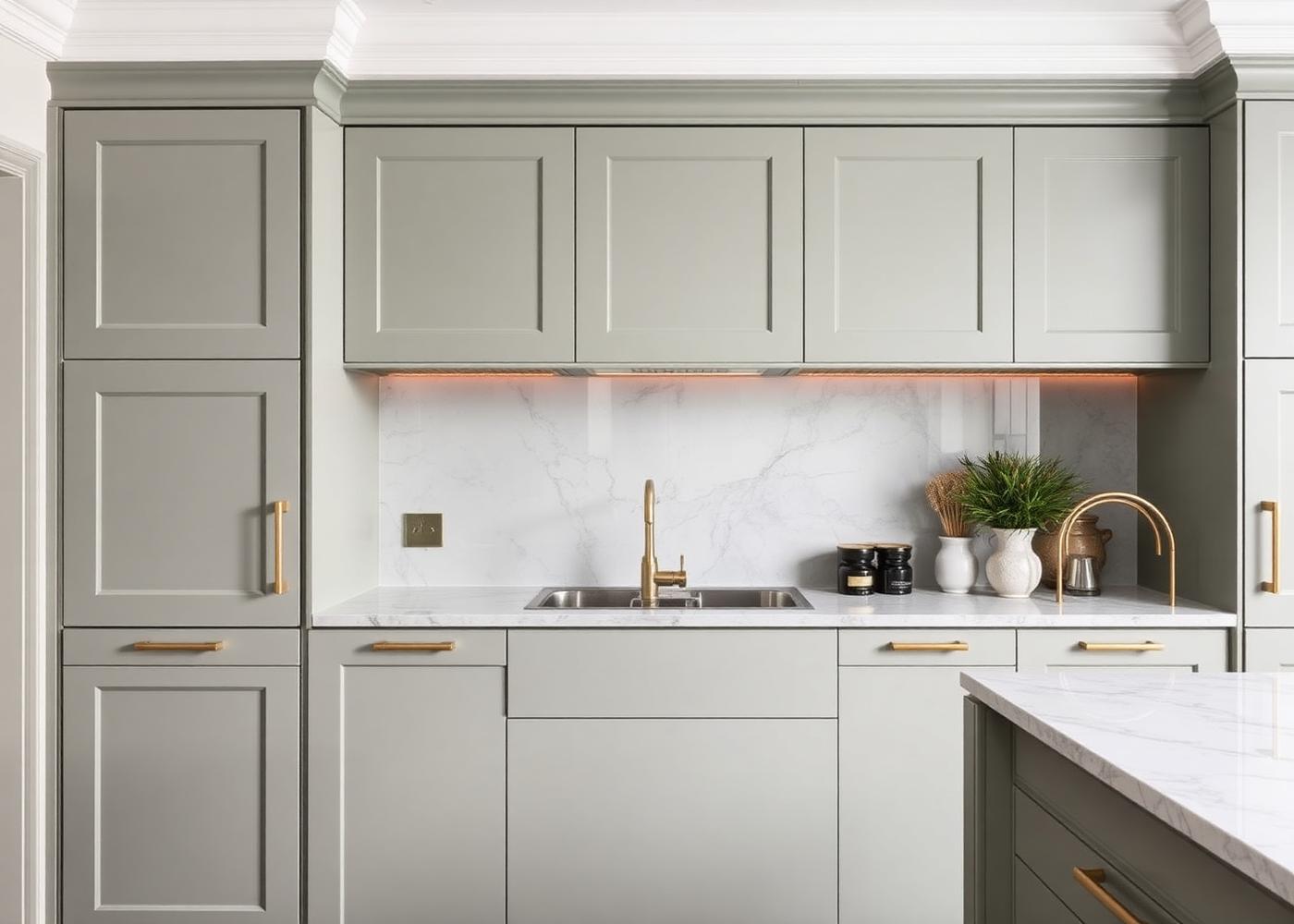 Spray-finished sage kitchen cabinetry with marble worktop