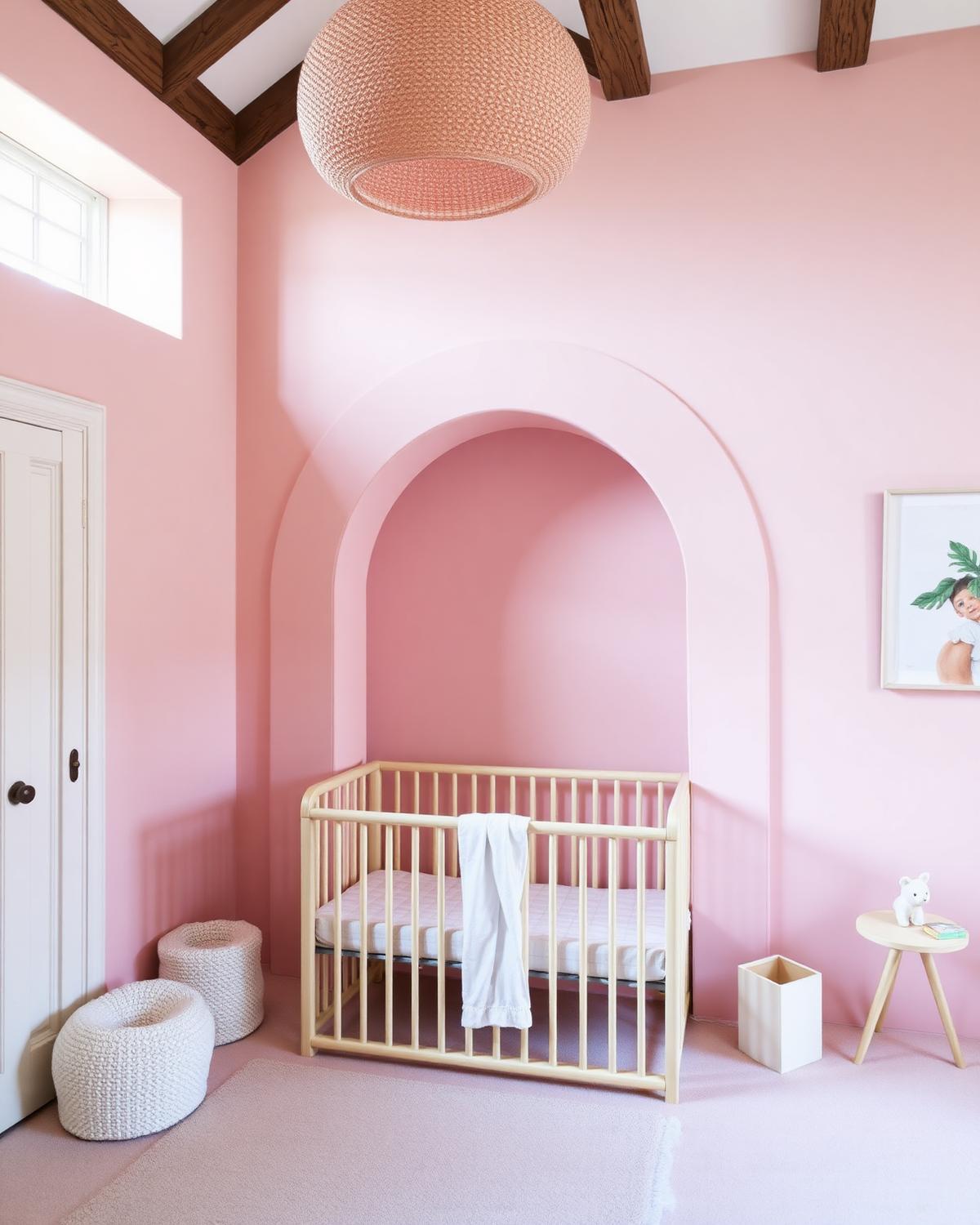 Nursery in soft plaster pink with a hand-painted arch behind the cot
