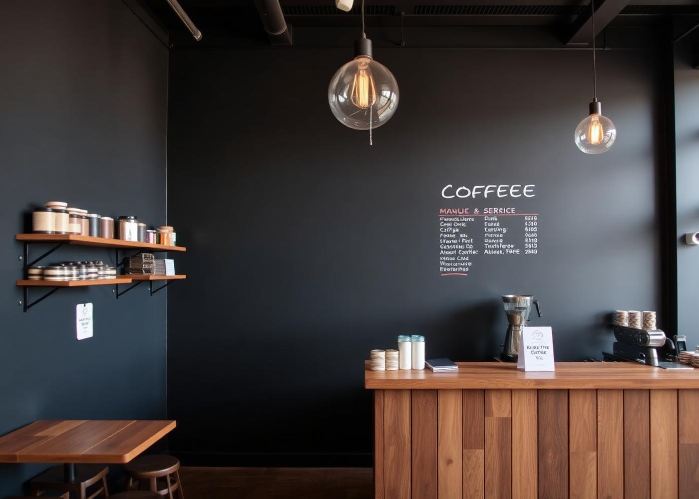 Coffee shop with charcoal walls, timber counter and hand-painted menu