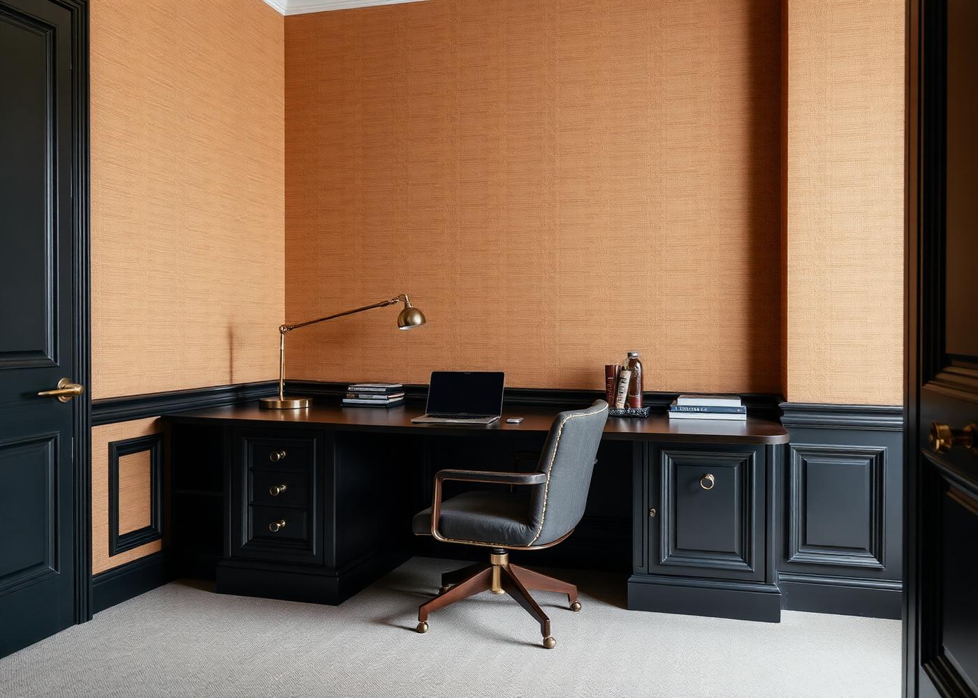 Home office with warm stone grasscloth walls and dark built-in desk