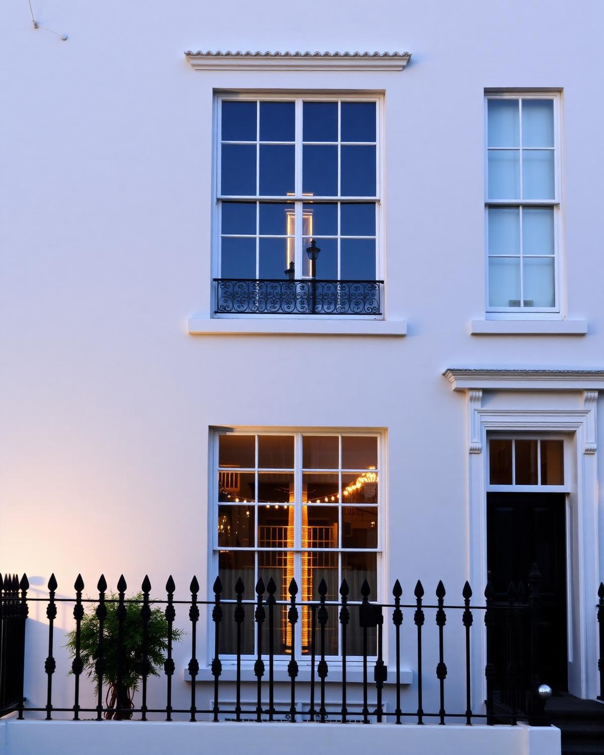 Georgian stucco facade and sash windows repainted in stone white