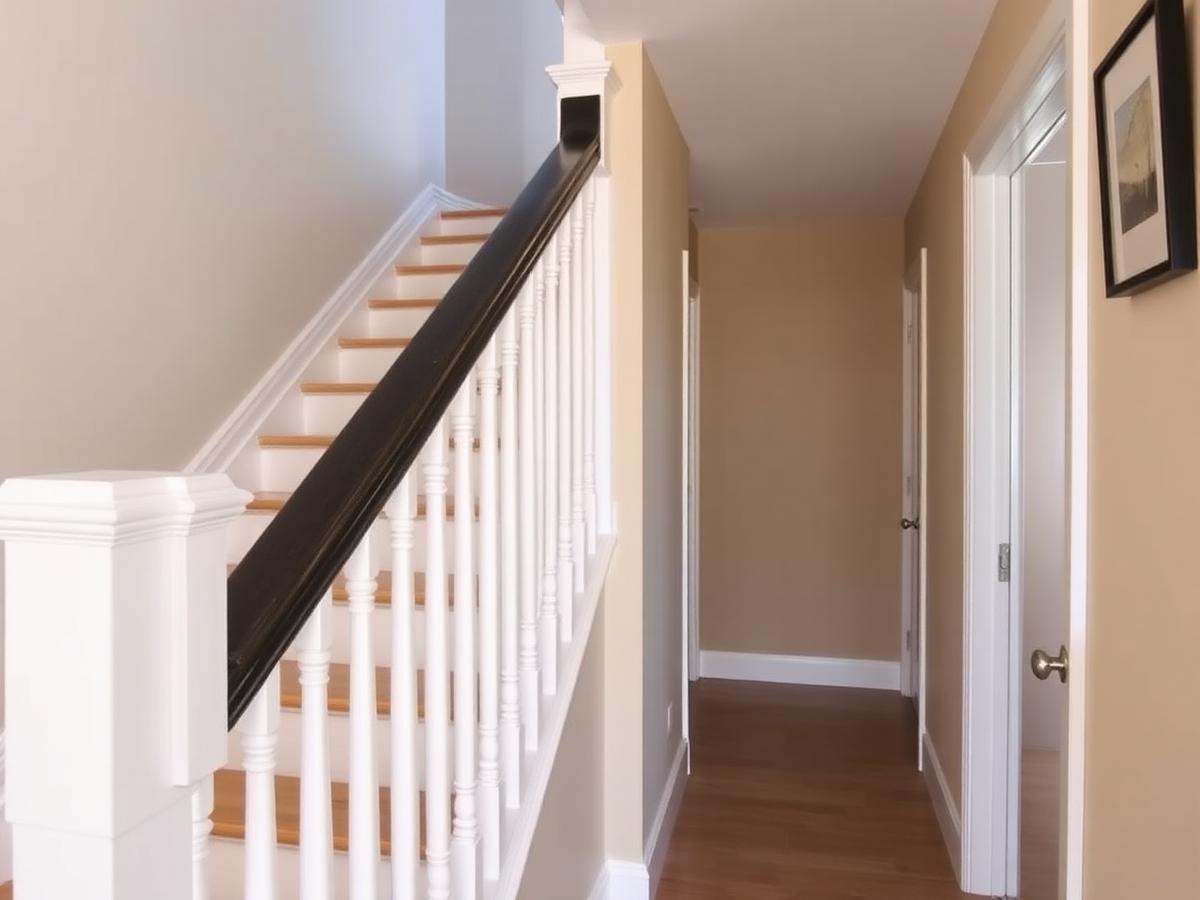 Staircase and landing with white spindles and charcoal handrail