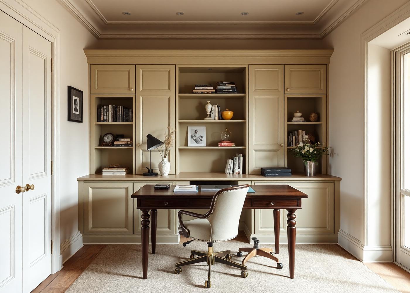 Home office with fitted joinery sprayed in soft olive