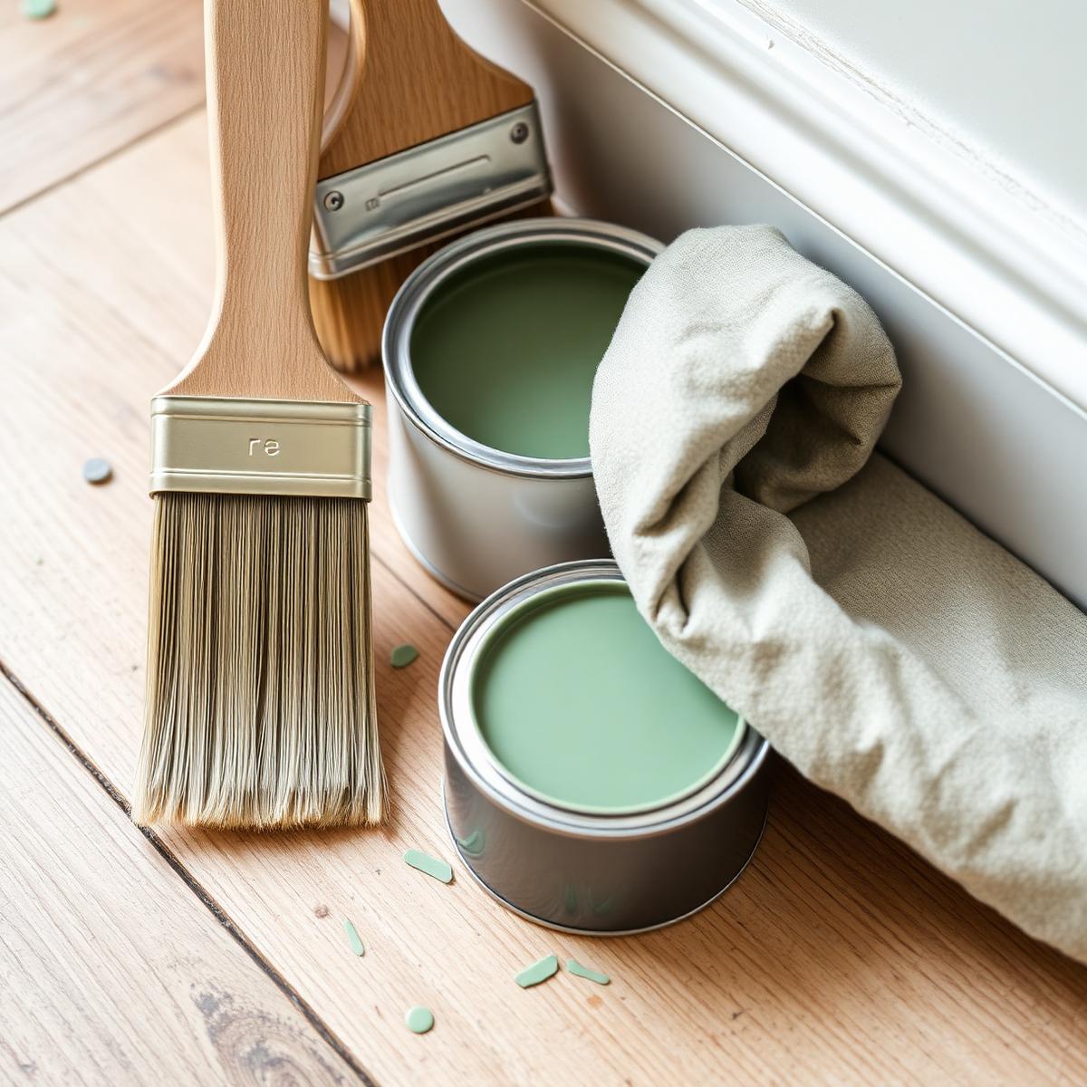 Paint brushes and tins of green paint beside white skirting board